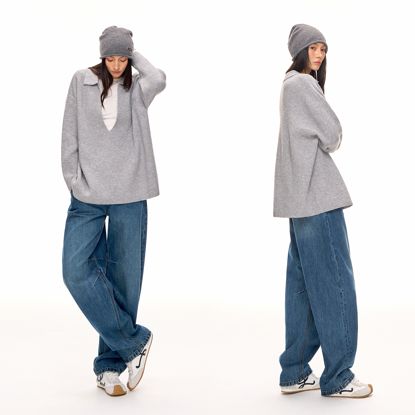 CLIMAX VISION靛蓝绳染复古做旧竹节肌理廓腿弯刀牛仔裤香蕉裤女 - 图2