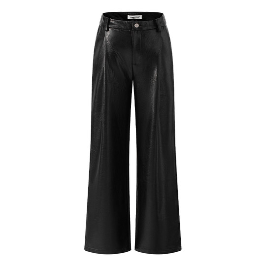 CLIMAX VISION极简风高级质感纹理打褶阔腿皮裤女显瘦直筒长裤