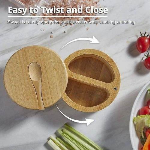 1Set Seasoning Box With Swivel Lid Bamboo Salt Cellar Wood - 图3