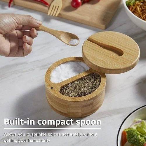 1Set Seasoning Box With Swivel Lid Bamboo Salt Cellar Wood - 图2
