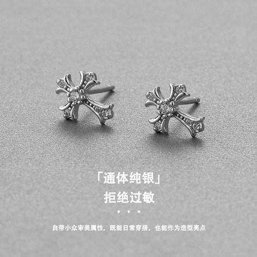 韩版十字架耳钉男S999纯银时尚百搭潮流简约足银耳饰男士 - 图3