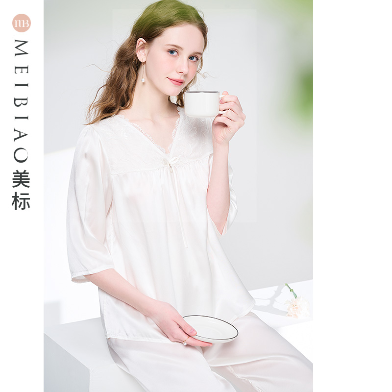 美标新款真丝睡衣套装女春秋6A级100%桑蚕丝丝绸凉感蕾丝家居服夏