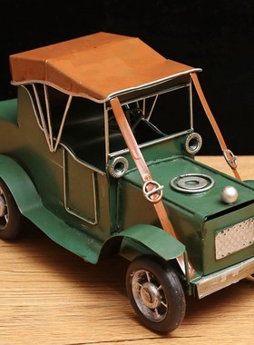 复古铁皮老爷车模型铁艺小汽车巴士摆件家居软装生日礼品摄影