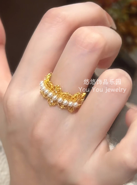 新中式金色珍珠蕾丝花边皇冠戒指女轻奢高级感小众设计可调节指环