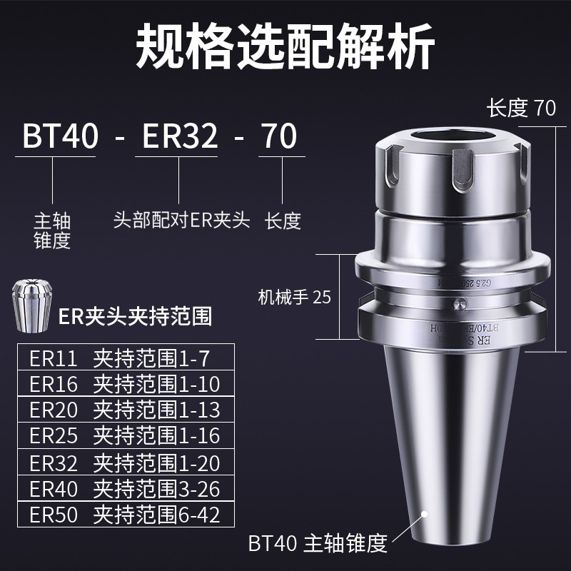 BT40数控刀柄BT50高精度ER25 32夹头CNC加工中心BT30动平衡er刀柄-图3