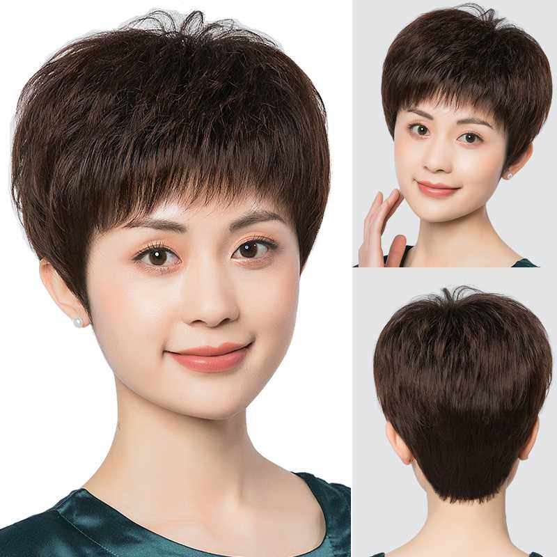 新假发短发女全头套真人发丝女士中老年假发套妈妈款全真自然蓬松