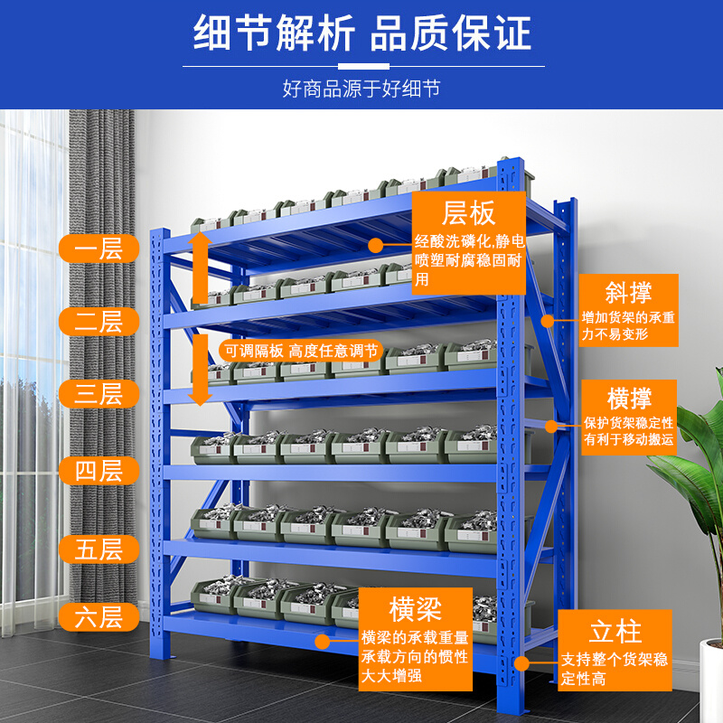 六层中型仓储货架置物架6层库房货物储物架家用地下室储藏铁架子 - 图0