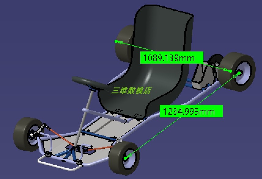 1.2米卡丁车轮汽车架底盘转向系统方向盘座椅3D三维几何数模型stp-图0