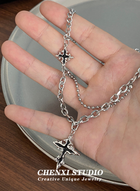 新款黑色十字架男生毛衣项链小众个性拼接链条吊坠小众设计锁骨链