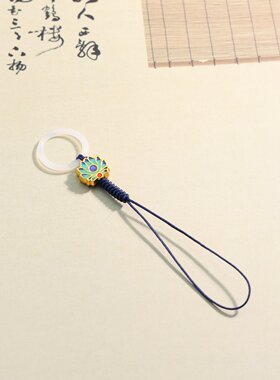 藏蓝色编织细挂绳白玉色软胶圆环莲花彩珠吊饰钥匙扣手机链拼豆绳