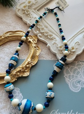 vintage中古项链波西米亚风民族风陶彩蓝色绿色项链颈链4.16