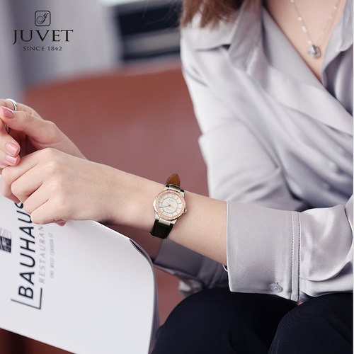 有喴（JUVET）手表白日梦石英女表真皮镶钻轻奢防水女士腕表-图1