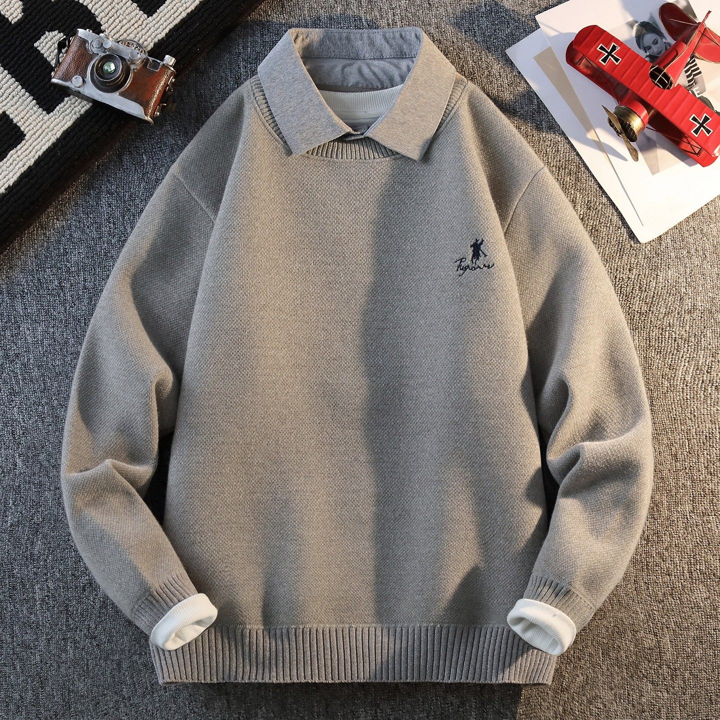 假两件毛衣男款冬季潮牌高品质刺绣衬衫领加绒加厚男装针织打底衫,淘宝优惠券,粉丝福利购,淘宝优惠卷