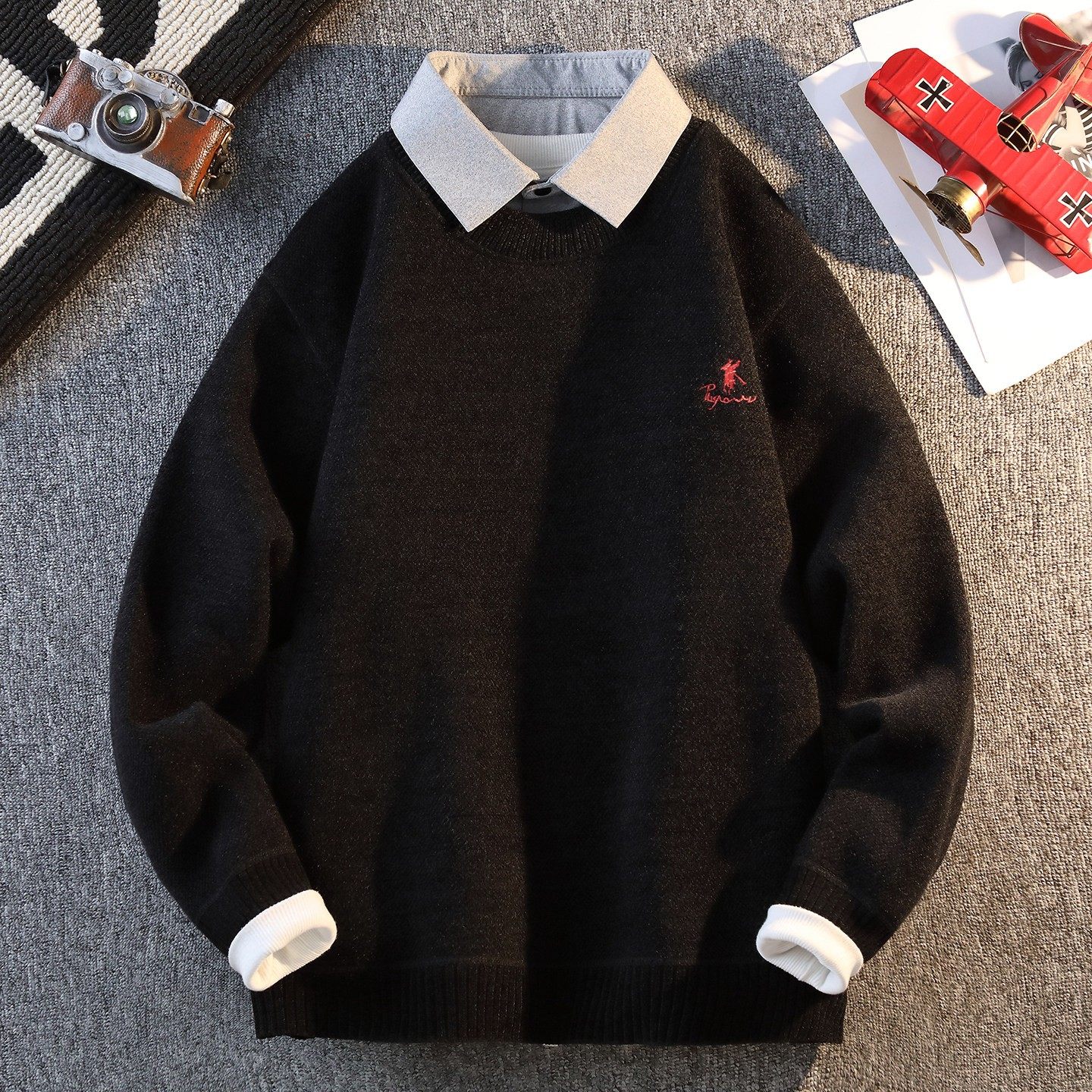 假两件毛衣男款冬季潮牌高品质刺绣衬衫领加绒加厚男装针织打底衫,淘宝优惠券,粉丝福利购,淘宝优惠卷