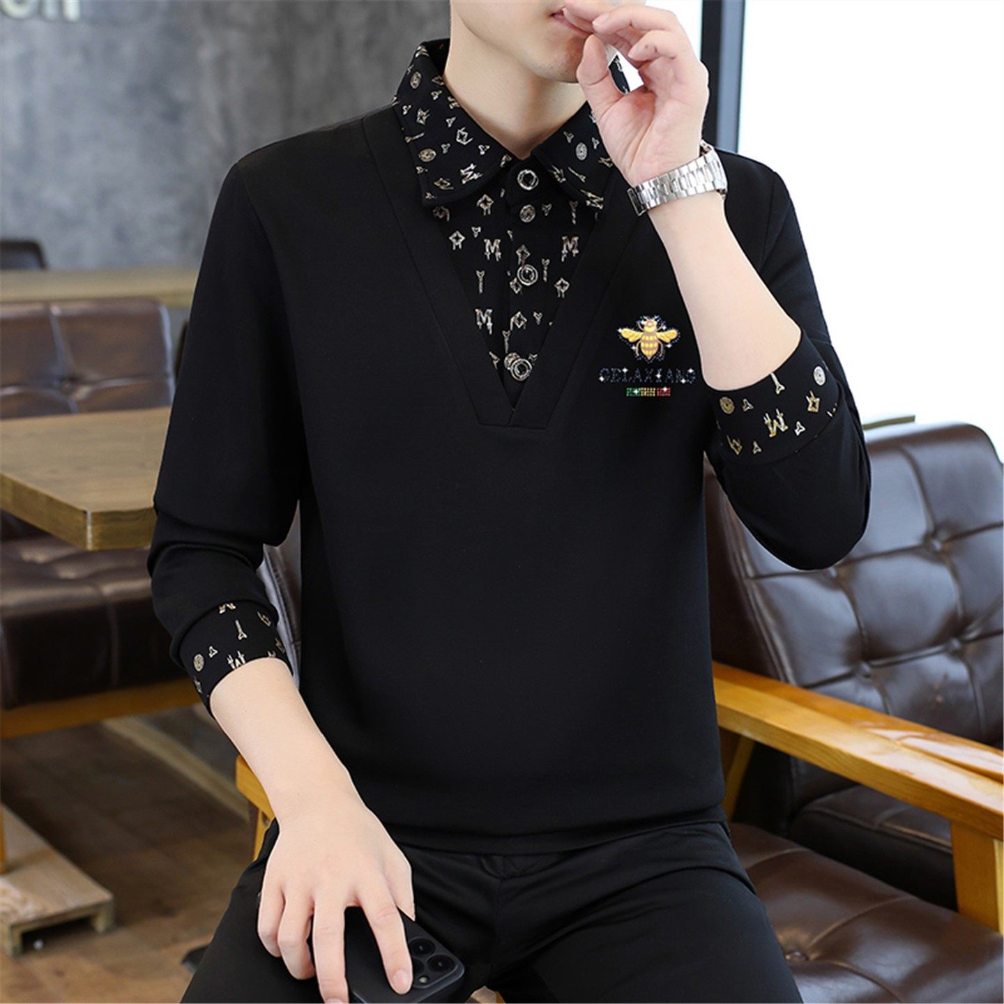 高档假两件卫衣男士加绒加厚长袖T恤打底衫翻领男装2025秋冬潮流,淘宝优惠券,粉丝福利购,淘宝优惠卷