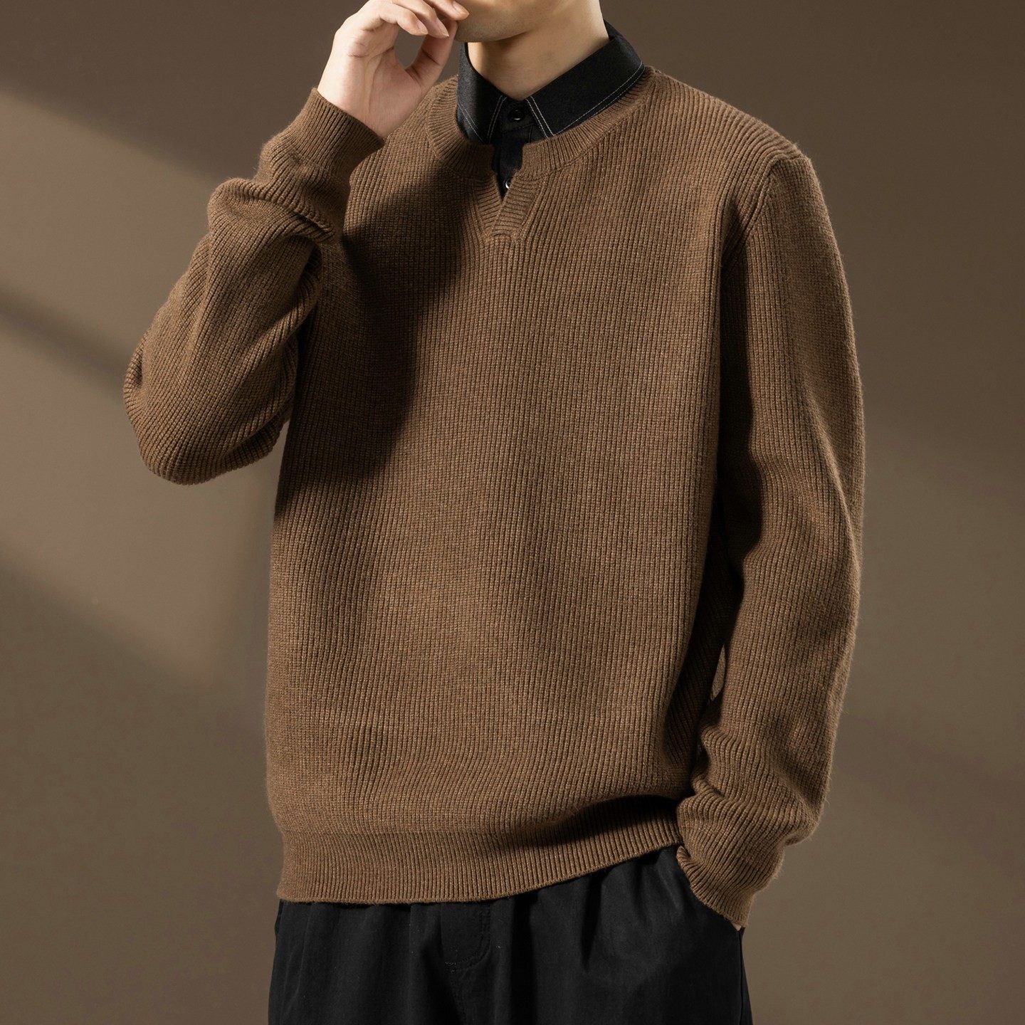 高端假两件毛衣男士秋冬季潮流宽松保暖保暖上衣衬衫领打底针织衫,淘宝优惠券,粉丝福利购,淘宝优惠卷