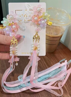 古风儿童头饰对夹女童汉服发夹 中国风配饰发卡步摇吊坠流苏发饰