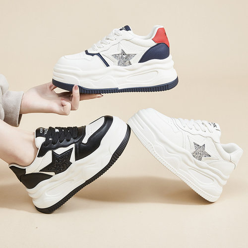 厚底8CM内增高小白鞋百搭平底时尚休闲单鞋2025秋季新款真皮女鞋 - 图0