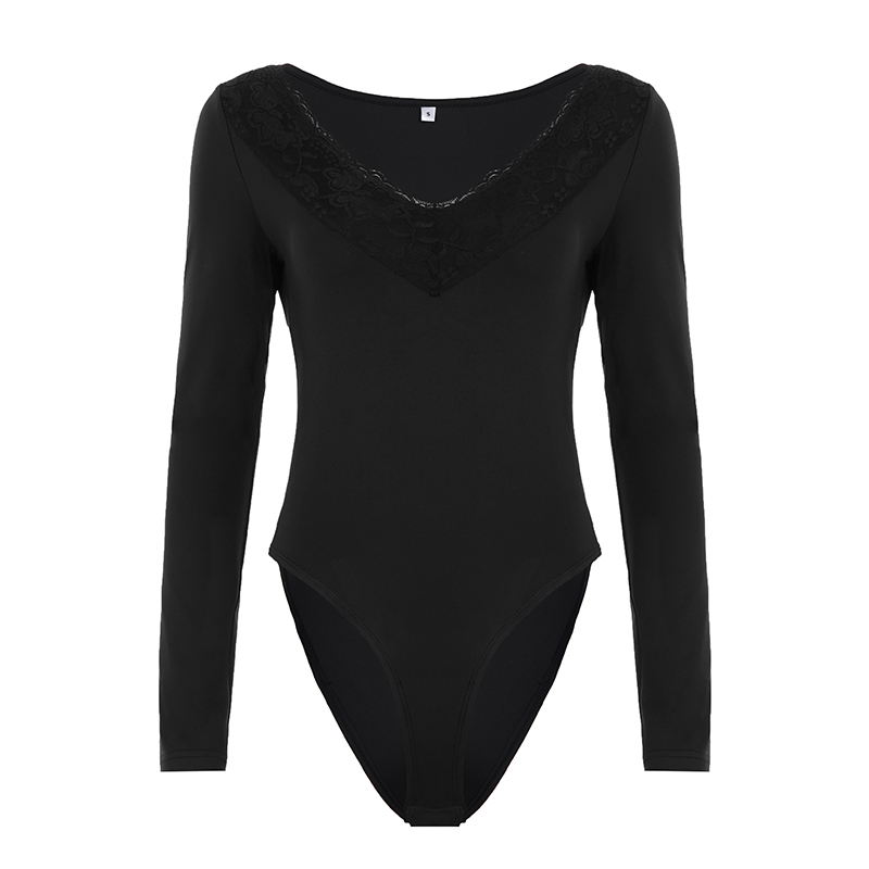 eilove黑色蕾丝花边v领长袖打底衫女美式辣妹性感修身开叉连体衣 - 图3