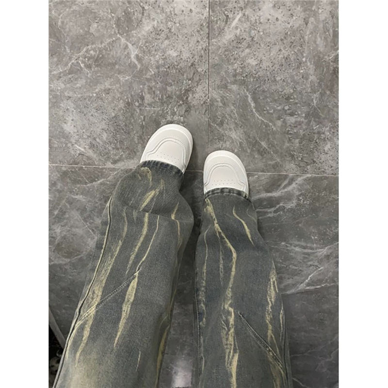 水洗黄泥色闪电纹扎染牛仔裤女美式高街vibe裤子显瘦直筒微喇长裤,淘宝优惠券,粉丝福利购,淘宝优惠卷