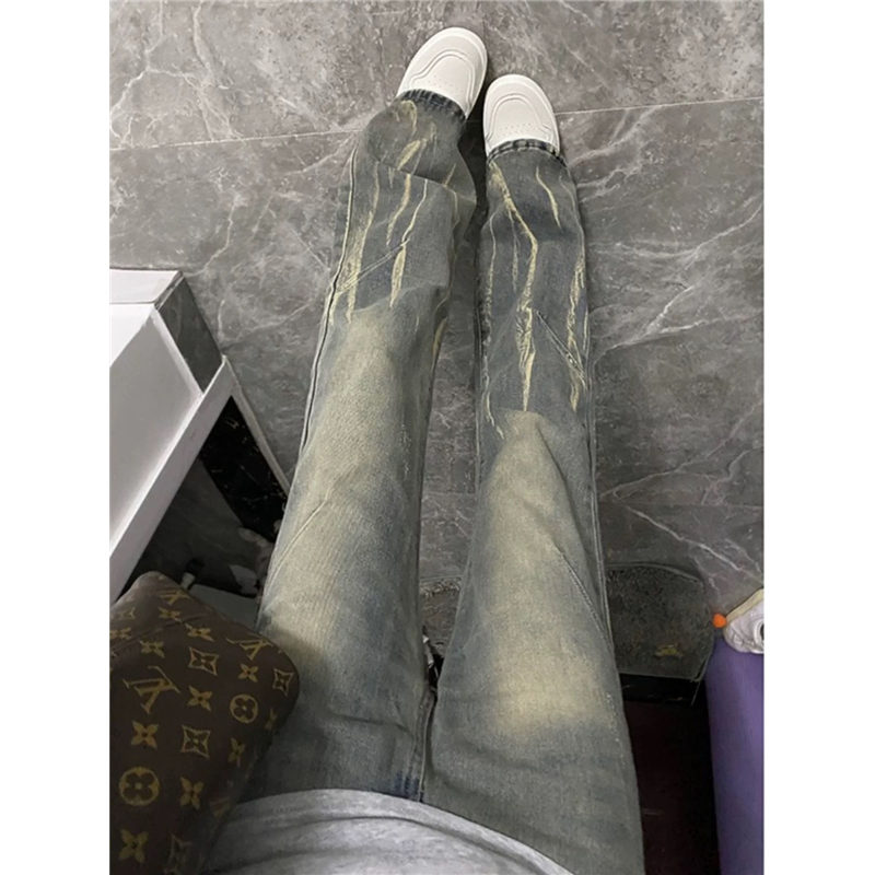 水洗黄泥色闪电纹扎染牛仔裤女美式高街vibe裤子显瘦直筒微喇长裤,淘宝优惠券,粉丝福利购,淘宝优惠卷