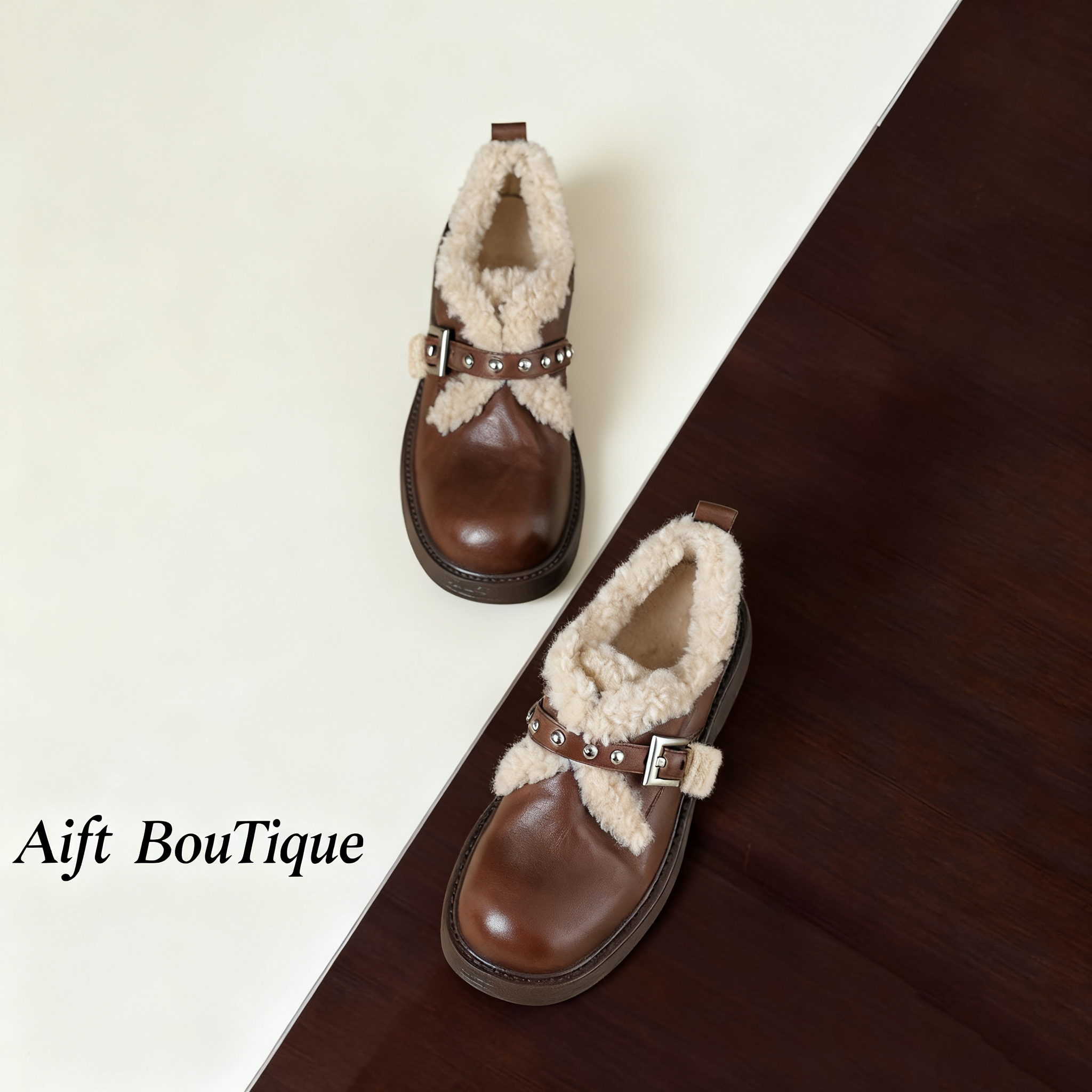 牛皮英伦毛毛小皮鞋秋冬新款百搭皮带扣粗跟羊绒单鞋女雪地靴子女 - 图3