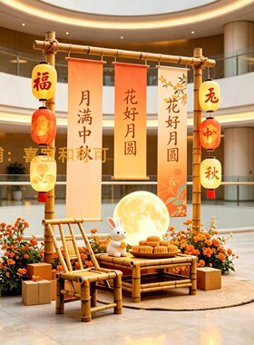 中秋发光圆月古风打卡背景墙