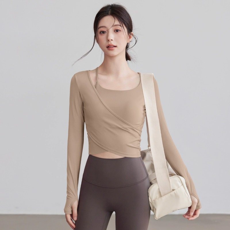新款长袖瑜伽t恤女带胸垫透气跑步速干上衣高级感运动健身服,淘宝优惠券,粉丝福利购,淘宝优惠卷