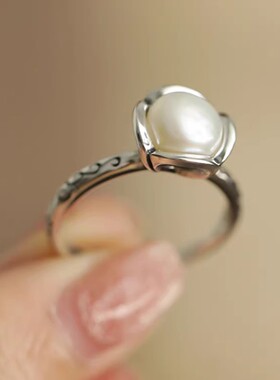 花苞925纯银天然淡水珍珠戒指女
