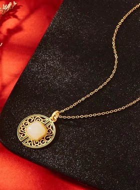 和田古法金天然白玉吊坠时尚项链