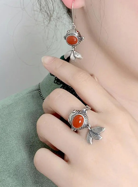 s925纯银锦鲤鱼戒指南红复古开口