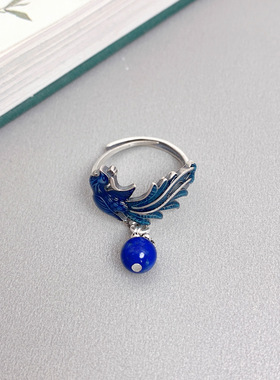 蓝凤凰流苏仿925纯银戒指活口女