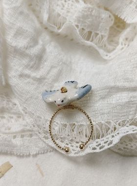 弥亦「小动物们的聚会」可爱手作陶瓷珠戒指萌系开口圈细指环