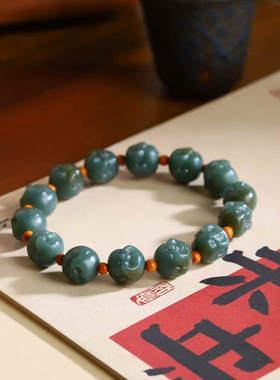 天然新疆和田玉玉器工厂店且末蓝老料飘糖色玉石佛头手串手链带证