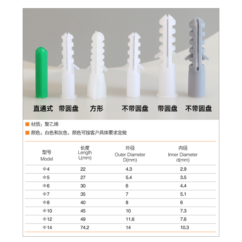 英得特PE塑料膨胀管方形灰白小黄鱼两翅螺栓胶塞固定钉膨胀螺丝钉