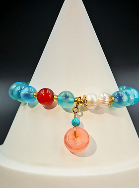 百搭平安扣吊坠蓝色糖心玛瑙手链