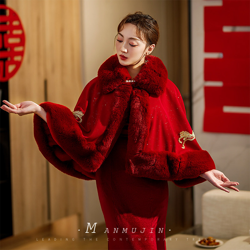 新娘结婚礼冬季大毛领加绒披肩斗篷 曼慕锦围巾/丝巾/披肩