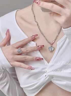 分裂爱心多层闪钻锆石项链奶白蓝爱心耳钉戒指甜酷气质高级锁骨链