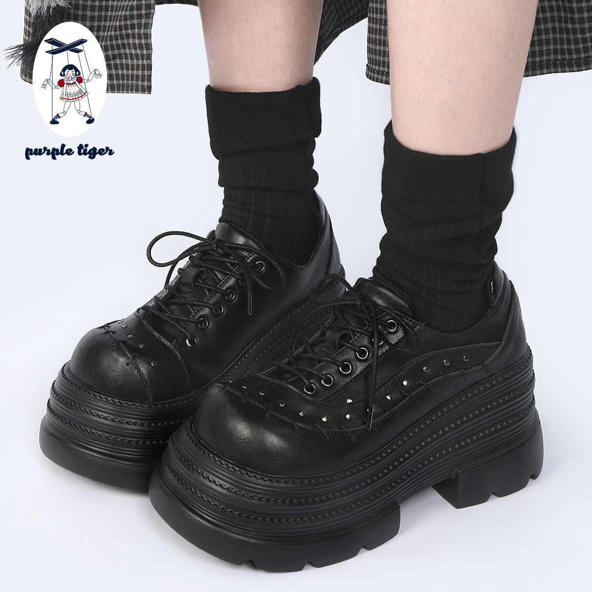 purple tiger【原创】2025年小众设计厚底小皮鞋哥特风系带方头鞋,淘宝优惠券,粉丝福利购,淘宝优惠卷