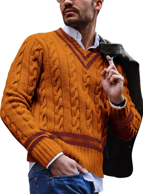 V-neck Men's Striped lor-block Knitted Sweater Fashion Ins M