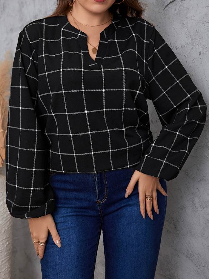 plus size large women's shirt retro plaid top ladies blo - 图0