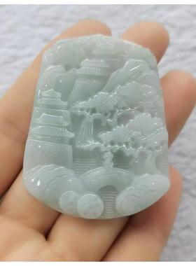 A货 缅甸翡翠山水玉牌玉佩项坠 糯种玉石蝶恋花挂件男女玉坠