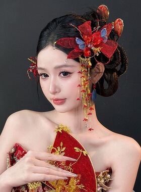 中式新娘头饰红色敬酒服头饰高级感长流苏侧边夹发饰结婚跟妆配饰