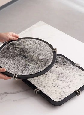 胡桃木皮革马毛托盘摆件样板间