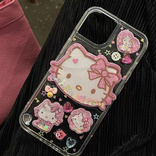 可爱卡通流沙摇摇乐Kitty猫适用苹果16 17promax手机壳iPhone15 14滴胶13 12 11软壳xsmax 8p立体保护套XR女 - 图3
