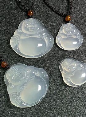 高冰白玉髓弥勒佛项链吊坠