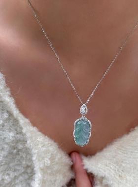 A货翡翠家大叶大新中式项链吊坠