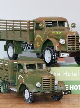 纯手工铁皮老解放卡车二战军车模型老爷车吉普车摆件橱窗道具
