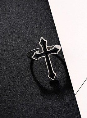 欧美复古个性嘻哈时尚十字架戒指男女滴油朋克食指指环潮流黑色环