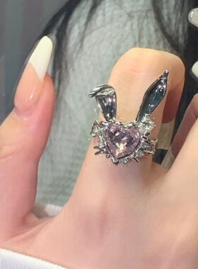 韩系新款粉钻俏皮兔子食指戒女秋冬日韩甜美戒指甜酷风可调节指环